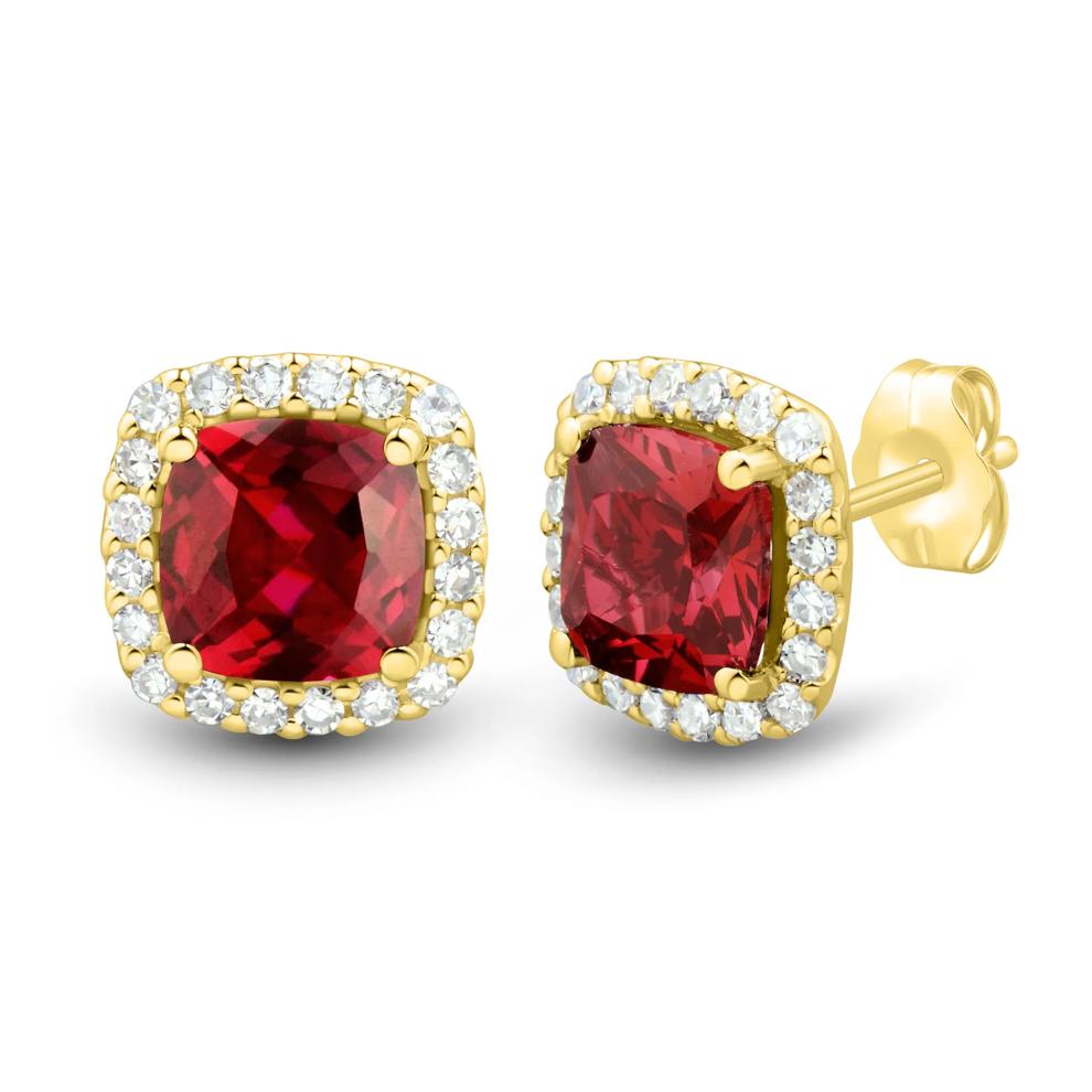 Lab-Created Cushion-Cut Ruby and Lab Grown Diamond Earrings in 10K Yellow Gold (1/4 ct. tw.) – Image 1 of 2