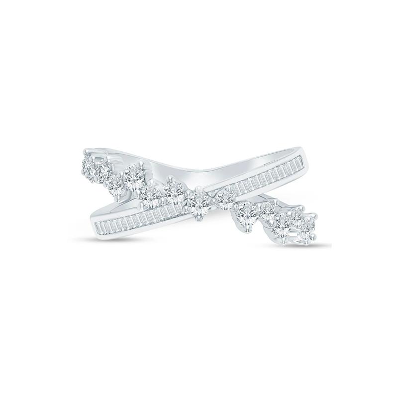Round and Baguette Diamond Crossover Ring in 10K White Gold &#40;3/4 ct. tw.&#41; – Image 1 of 3
