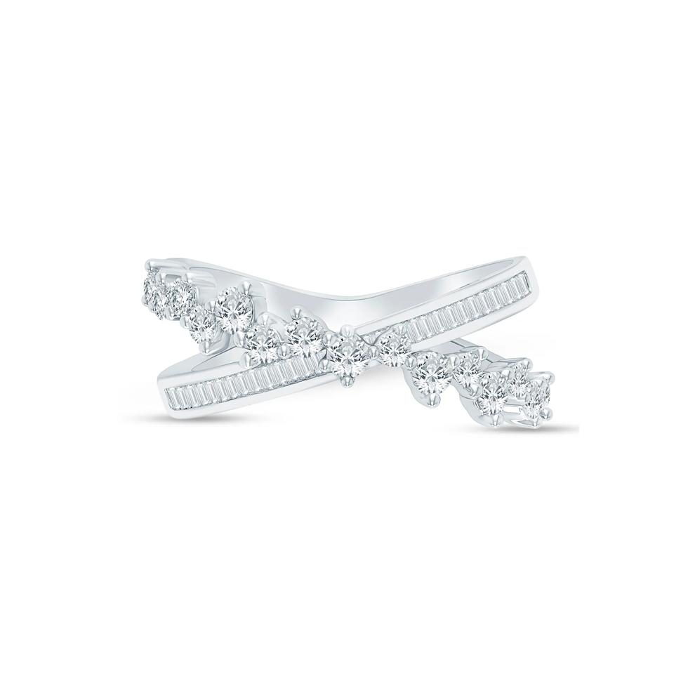 Round and Baguette Diamond Crossover Ring in 10K White Gold (3/4 ct. tw.) – Image 1 of 3