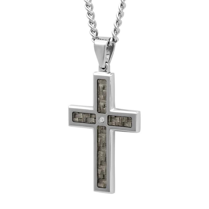 Men&#39;s Diamond Cross Pendant in Stainless Steel &amp; Carbon Fiber – Image 2 of 2