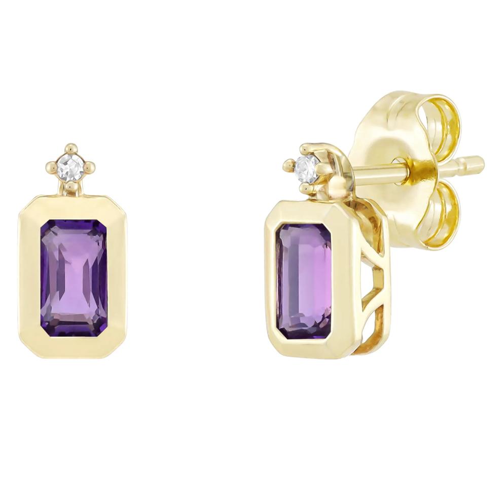 Emerald-Cut Amethyst and Diamond Accent Bezel Earrings in 10K Yellow Gold – Image 1 of 1
