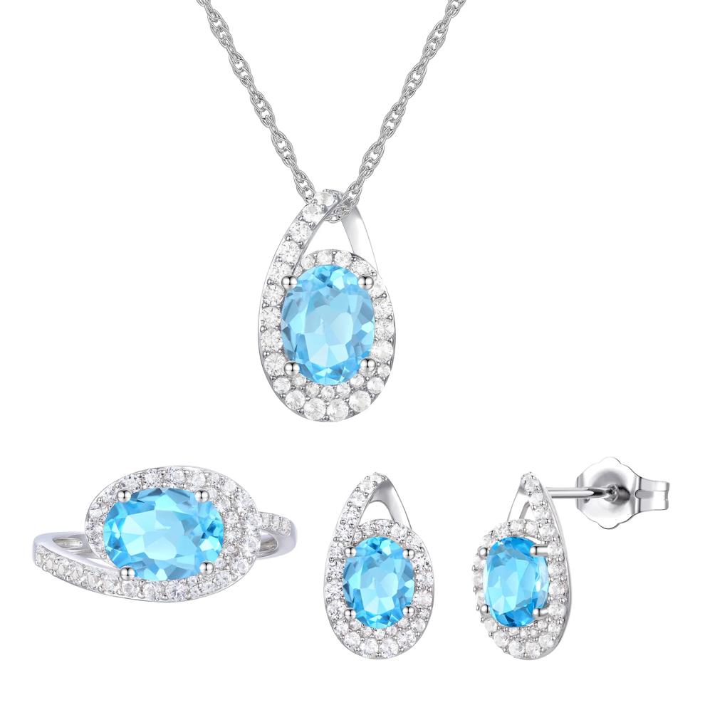 Oval Swiss Blue Topaz and Lab-Created White Sapphire Ring, Earring and Pendant Box Set in Sterling Silver – Image 1 of 8