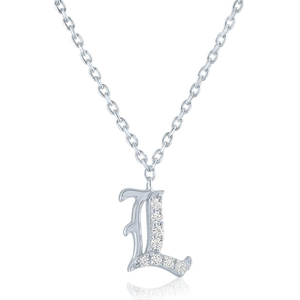 Diamond Accent Gothic Script L Initial Pendant in Sterling Silver  – Image 1 of 3