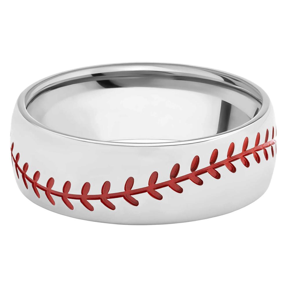 Men's Domed Baseball Pattern Band in Titanium, 8MM – Image 1 of 3