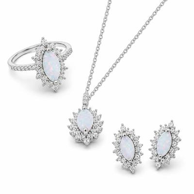 Lab-Created Opal & White Sapphire Pendant, Earrings, & Ring Boxed Set in Sterling Silver
