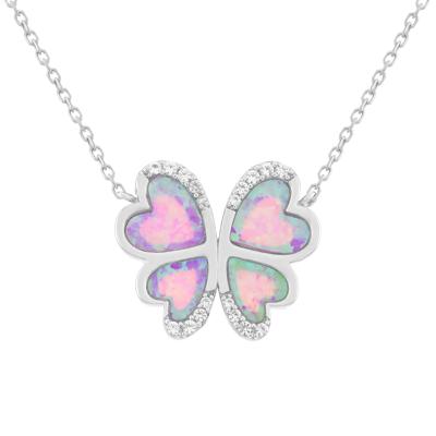 Lab-Created Pink Opal & White Sapphire Butterfly Necklace in Sterling Silver