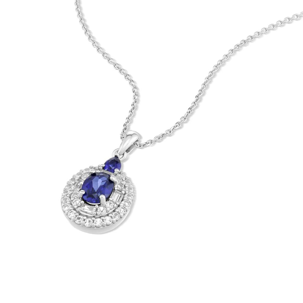 Lab-Created Blue Sapphire &amp; Lab-Created White Sapphire Halo Pendant Necklace in Sterling Silver – Image 4 of 4