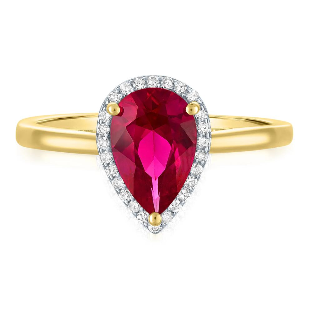 Pear-Shaped Lab-Created Ruby and Diamond Accent Ring in 10K Yellow Gold – Image 1 of 3