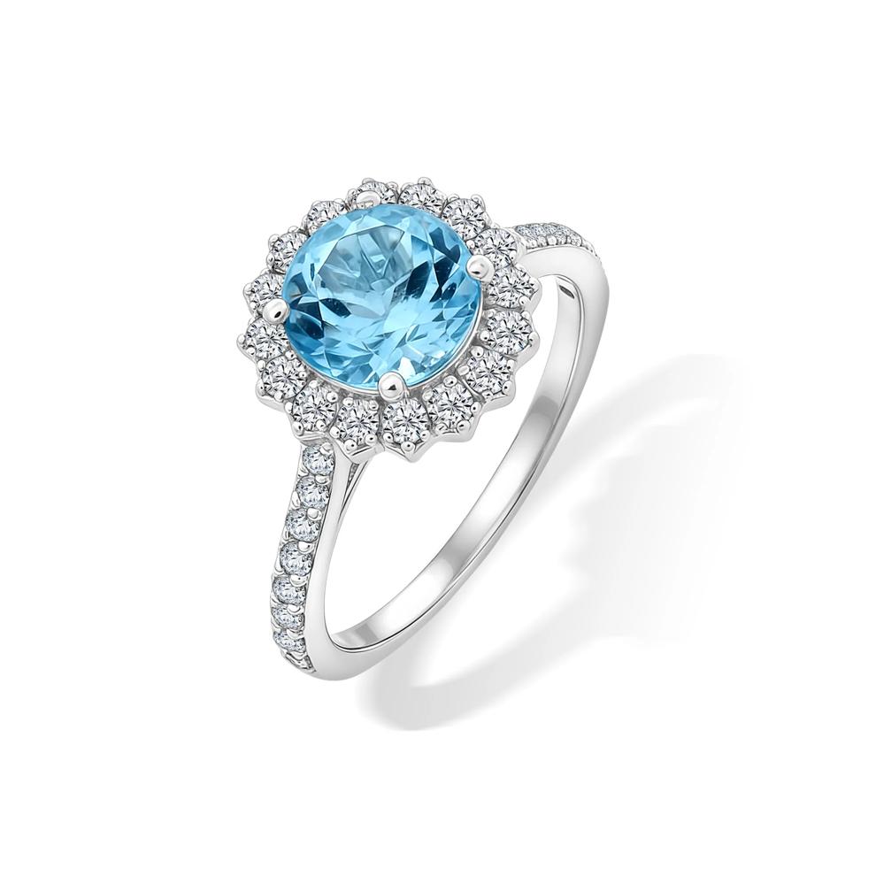 Sky Blue Topaz Center &amp; Diamond Halo Ring in 10K White Gold (1/2 ct. tw.) – Image 4 of 4