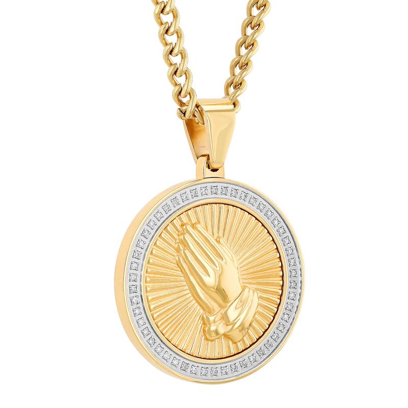 Praying Hands Medallion in Yellow Gold-Tone Ion-Plated Stainless Steel &#40;1/4 ct. tw.&#41; – Image 2 of 4