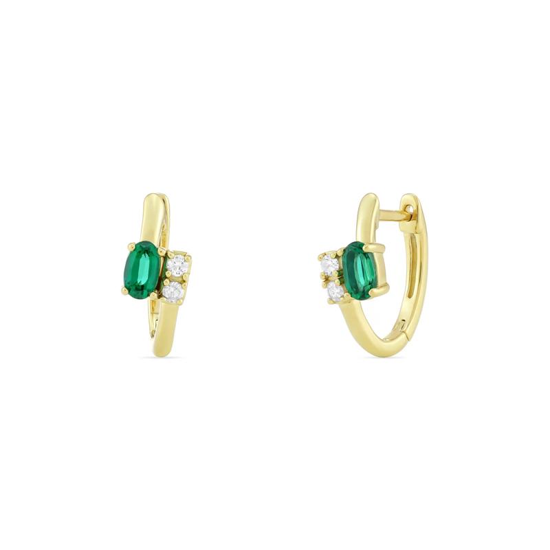 Lab-Created Emerald and Diamond Accent Huggie Hoops in 10K Yellow Gold – Image 1 of 2