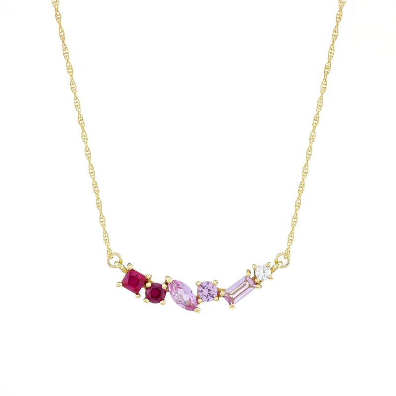 Lab-Created Ruby, Pink and White Sapphire Necklace in 10K Yellow Gold – Image 1 of 3