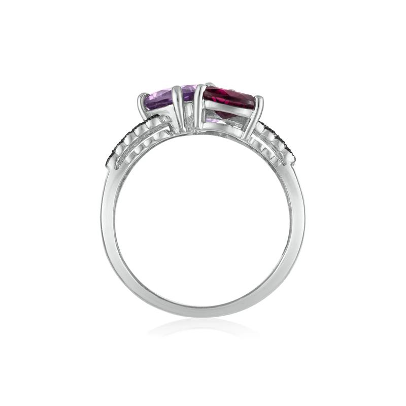 Amethyst, Garnet, Smoky Quartz and Diamond Multi-Row Ring in 10K White Gold – Image 2 of 3