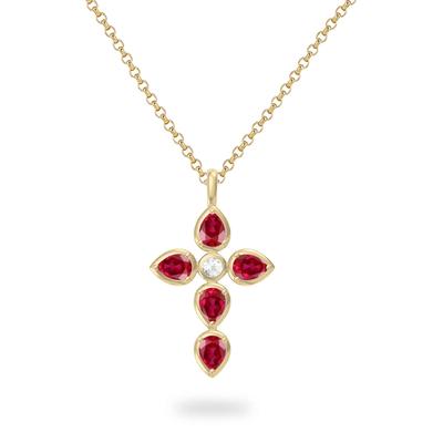Lab-Created Ruby & Diamond Accent Pear-Shaped Cross Pendant Necklace in 10K Yellow Gold