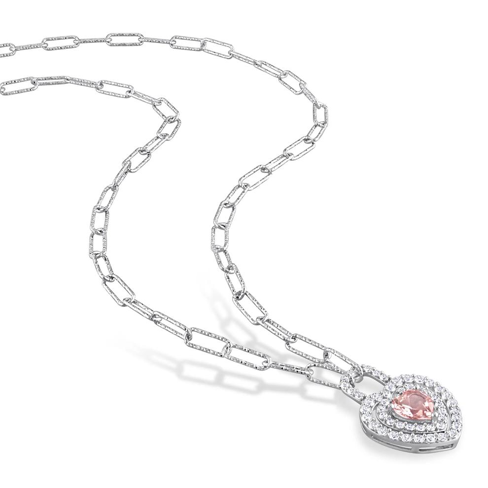 Morganite and Lab Created White Sapphire Heart Necklace in Sterling Silver – Image 3 of 3