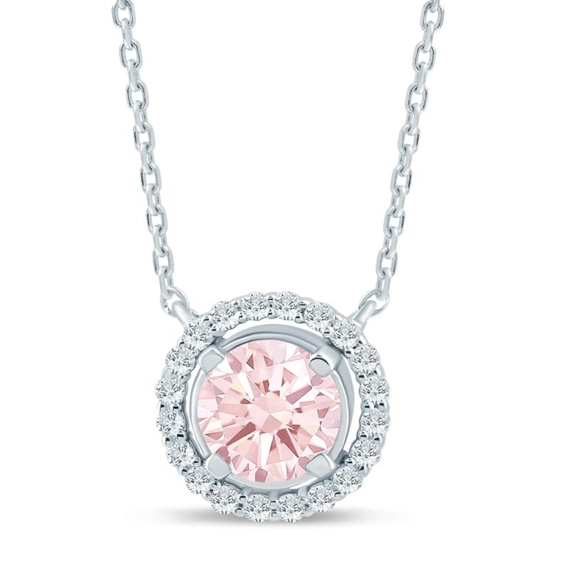 Lab Grown Pink and White Diamond Halo Pendant in 14K White Gold &#40;1 1/7 ct. tw.&#41; – Image 1 of 3