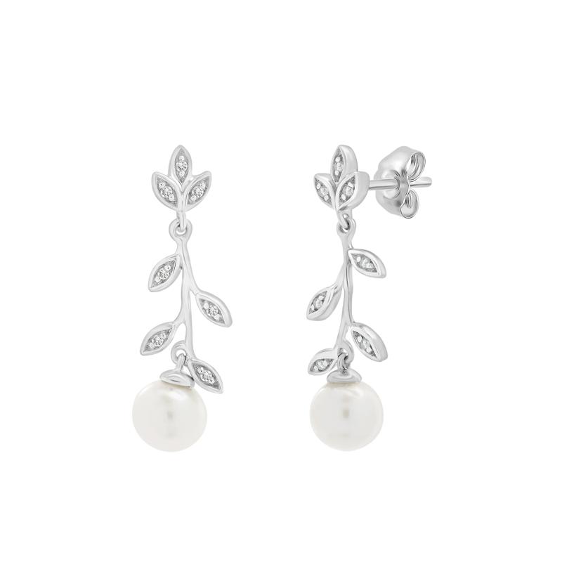 Freshwater Cultured Pearl and Diamond Leaf Drop Earrings in Sterling Silver – Image 1 of 1