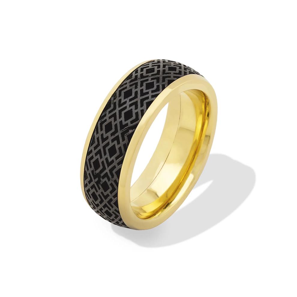Men's Zirconium Inlay Laser Carved Domed Wedding Band in 14K Yellow Gold, 8mm – Image 4 of 4