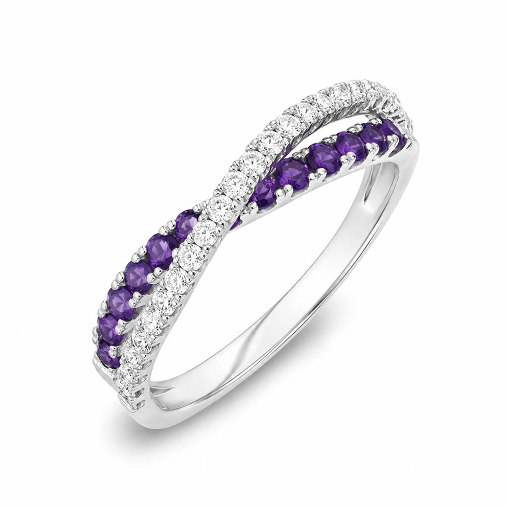 Amethyst &amp; Diamond Crossover Ring in 10K White Gold (1/5 ct. tw.) – Image 4 of 4