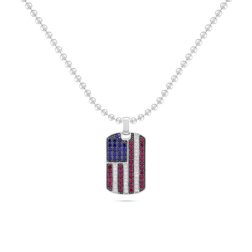 Lab-Created Blue Sapphire, Lab-Created Ruby &amp; Lab-Created White Sapphire American Flag Dog Tag Pendant Necklace in Sterling Silver – Image 1 of 4