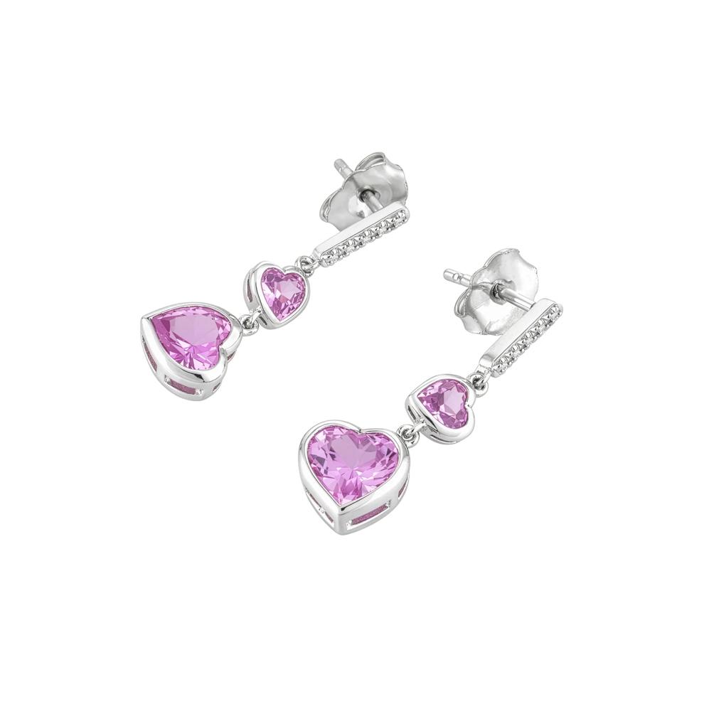 Lab-Created Pink Sapphire &amp; Diamond Accent Two-Heart Drop Earrings in Sterling Silver – Image 2 of 2