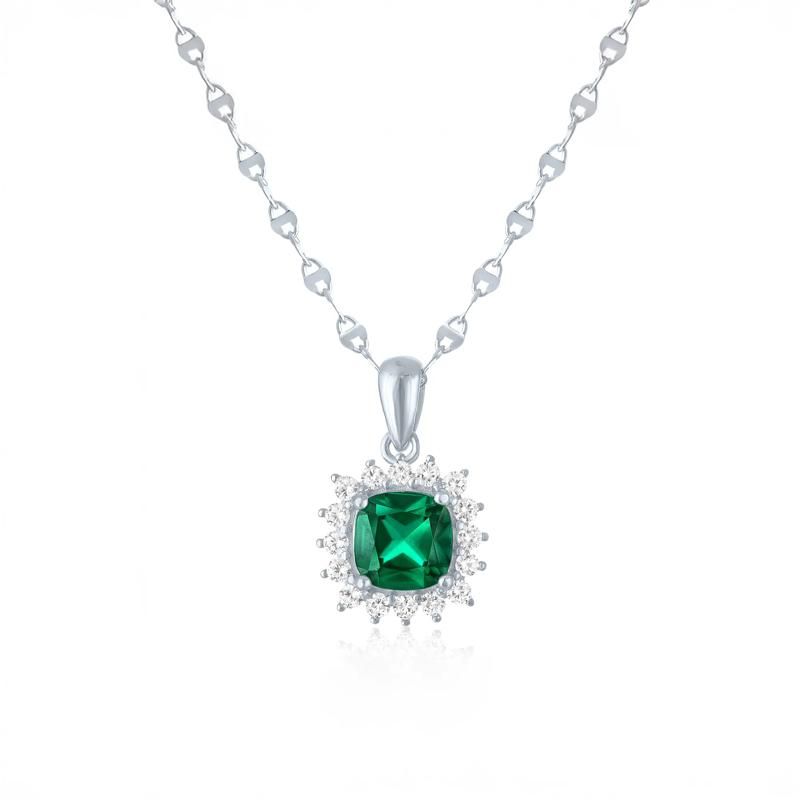 Lab-Created Emerald &amp; Lab-Created White Sapphire Starburst Halo Pendant Necklace in Sterling Silver – Image 1 of 3
