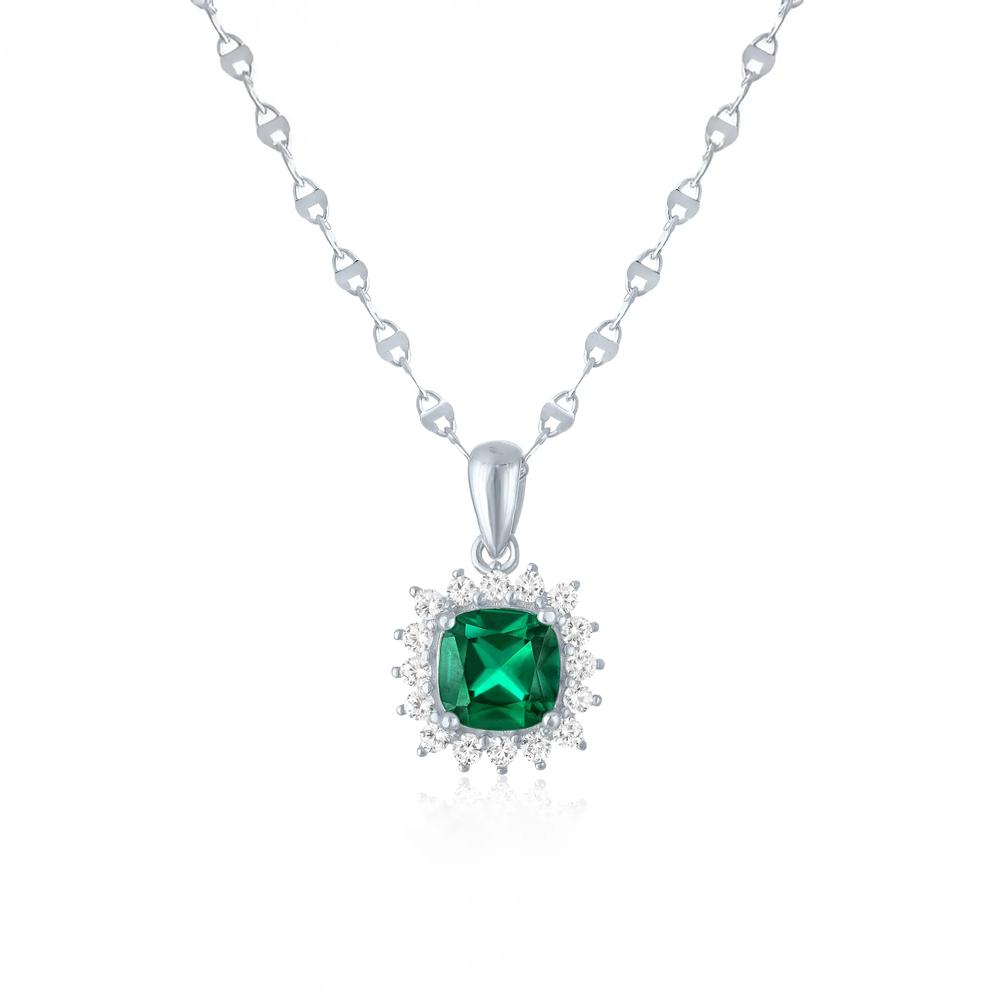 Lab-Created Emerald &amp; Lab-Created White Sapphire Starburst Halo Pendant Necklace in Sterling Silver – Image 1 of 3