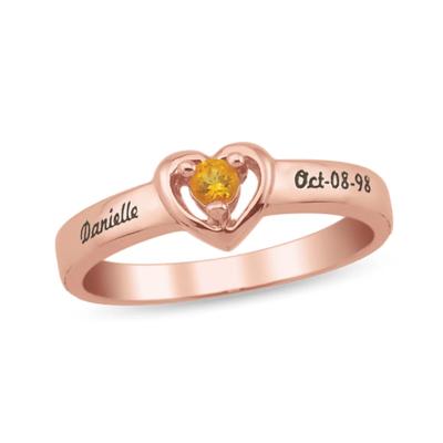 custom heart gemstone ring with personalized engraving in 10K Rose Gold