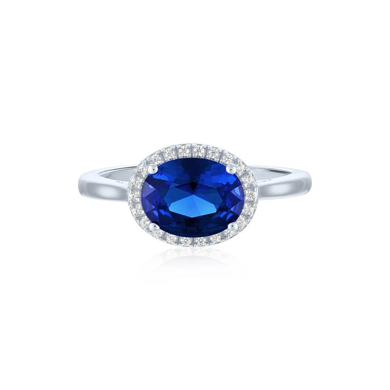 Lab-Created Blue Sapphire and Diamond Accent Halo Ring in Sterling Silver – Image 1 of 3
