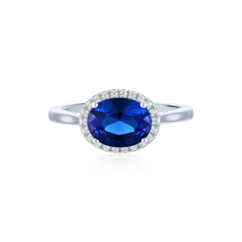 Lab-Created Blue Sapphire and Diamond Accent Halo Ring in Sterling Silver – Image 1 of 3