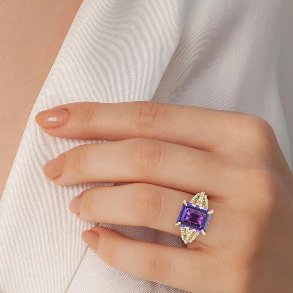 Octagonal Amethyst &amp; Diamond Ring in 14K Yellow Gold (5/8 ct. tw.) – Image 4 of 4