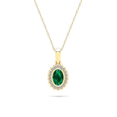 Oval Emerald & Diamond Pendant Necklace in 10K Yellow Gold (1/10 ct. tw.)