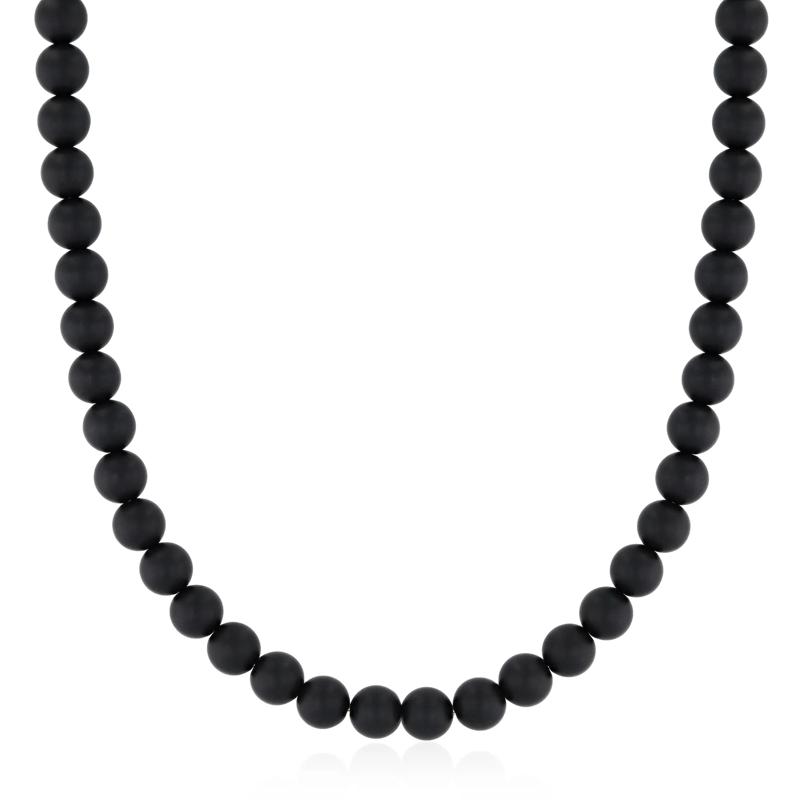 Men&#39;s Matte Black Onyx Bead Necklace in Stainless Steel – Image 1 of 5