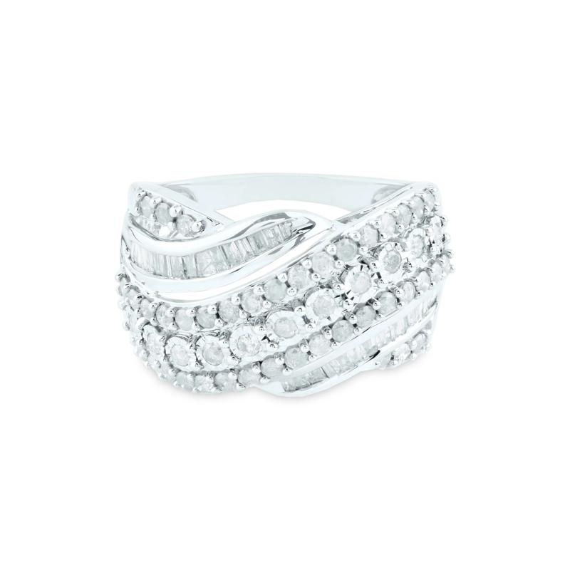 Round and Baguette Diamond Crossover Ring in 10K White Gold &#40;1 ct. tw.&#41; – Image 1 of 3