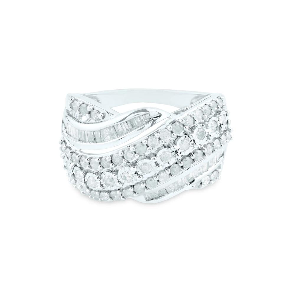 Round and Baguette Diamond Crossover Ring in 10K White Gold (1 ct. tw.) – Image 1 of 3