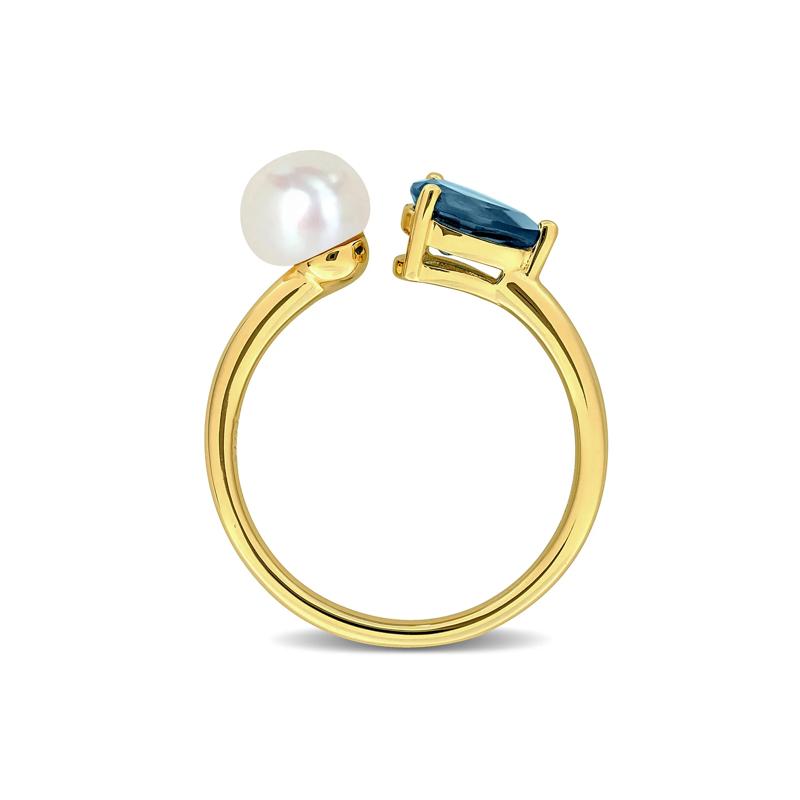 London Blue Topaz and Freshwater Pearl Bypass Ring in 10K Yellow Gold – Image 2 of 7