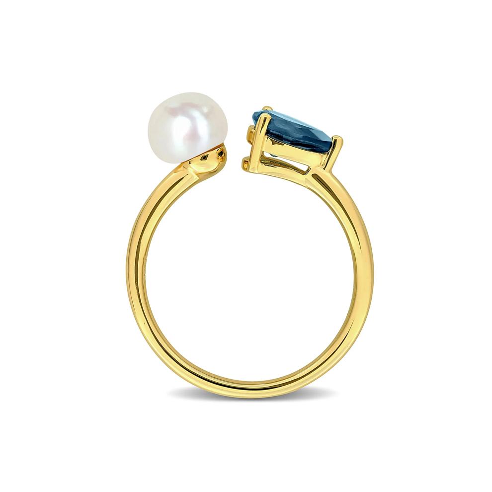 London Blue Topaz and Freshwater Pearl Bypass Ring in 10K Yellow Gold – Image 2 of 7