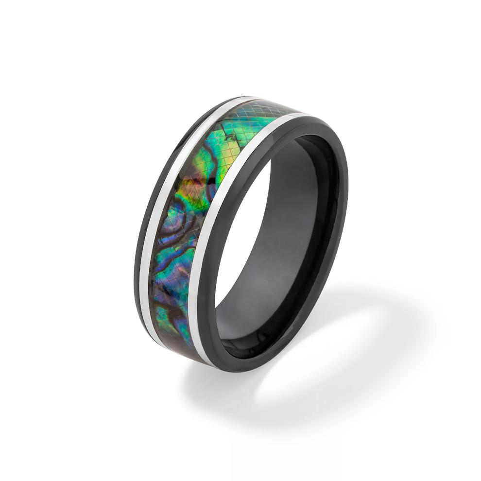 Men&rsquo;s Abalone &amp; Sterling Silver Inlay Wedding Band in Zirconium, 8mm – Image 4 of 4