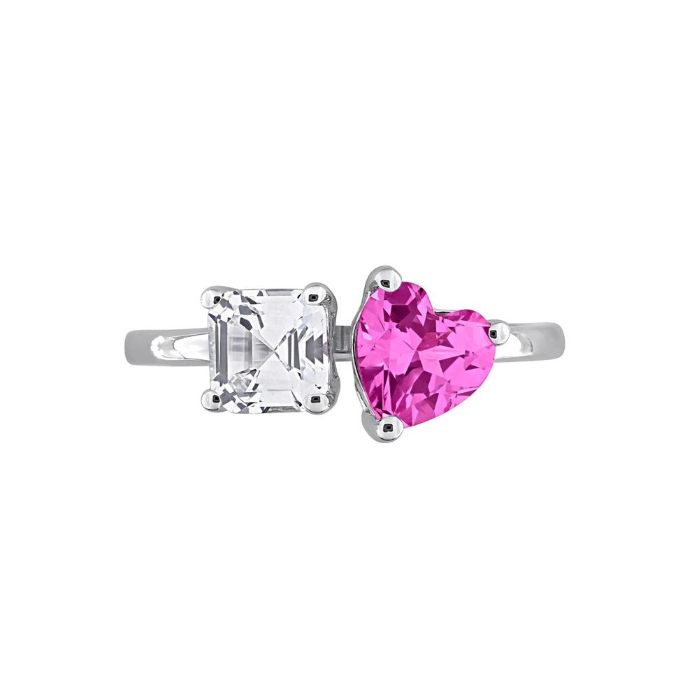 Lab-Created Pink Sapphire &amp; Lab-Created White Sapphire Toi et Moi Heart Ring in Sterling Silver – Image 1 of 6