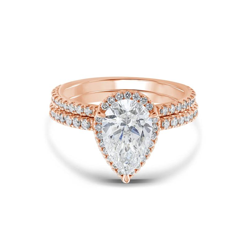 Lab Grown Diamond Pear-Shaped Halo Bridal Set in 14K Rose Gold &#40;2 3/4 ct. tw.&#41; – Image 1 of 3