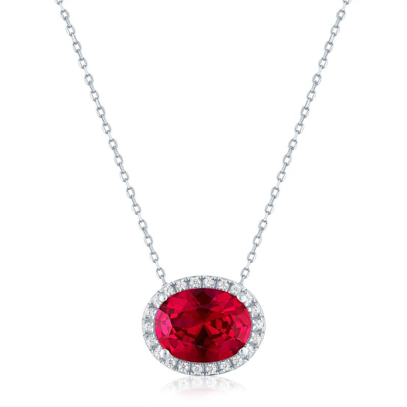 Lab-Created Ruby and Diamond Accent Halo Pendant in Sterling Silver – Image 1 of 3