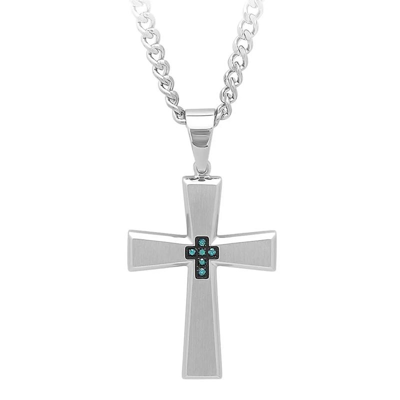 Men&#39;s Blue Diamond Cross Pendant in Stainless Steel – Image 1 of 2