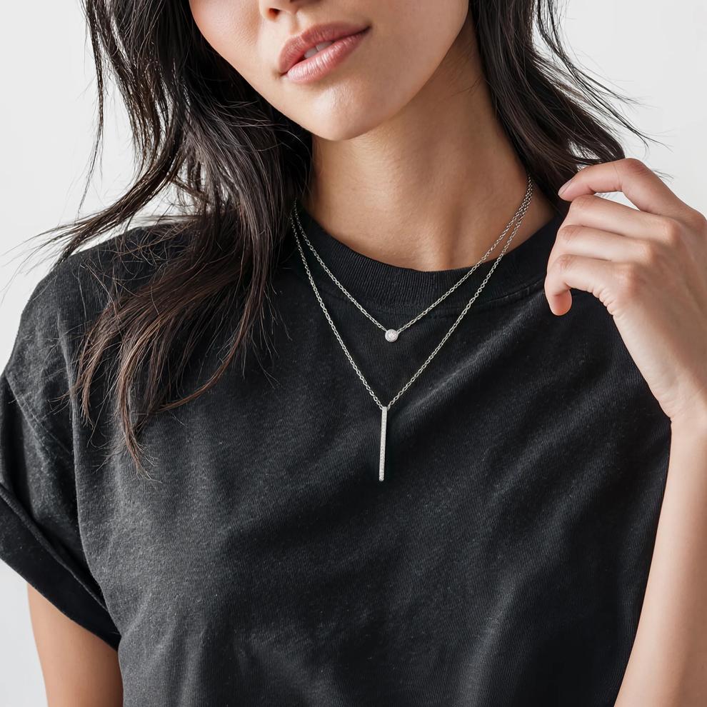 Double Layer Necklace with Diamond Accents in Sterling Silver – Image 4 of 4