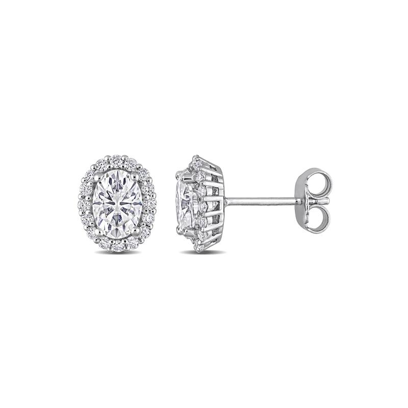 Oval Moissanite Stud Earrings with Halo in Sterling Silver (2 1/3 ct. dew) – Image 1 of 4