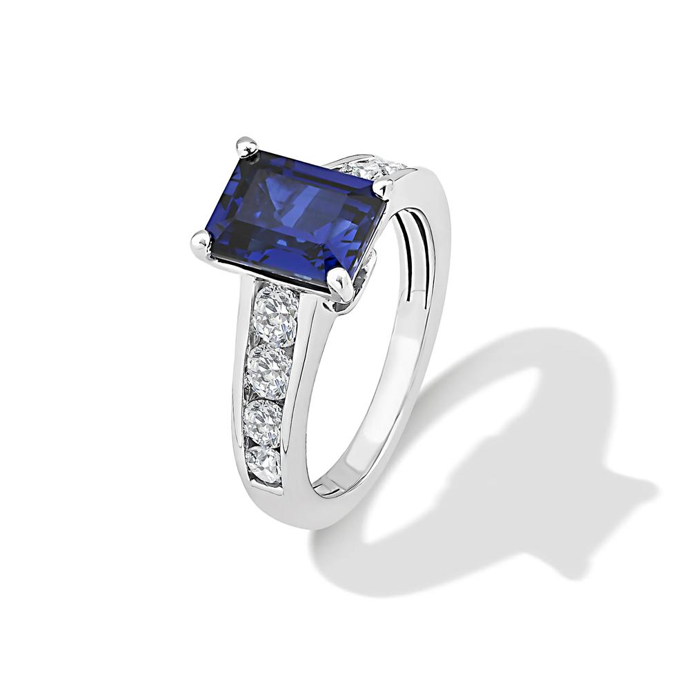 Emerald-Cut Lab-Created Blue Sapphire &amp; Lab Grown Diamond Ring in 10K White Gold (1 ct. tw.) – Image 4 of 4
