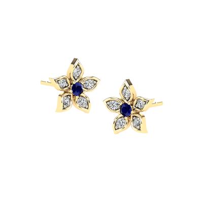 Blue Sapphire & Diamond Flower Stud Earrings in 14K Yellow Gold (1/10 ct. tw.)