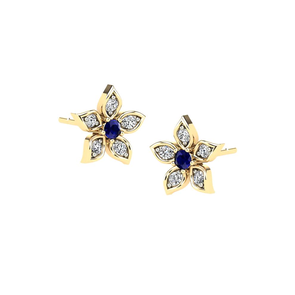 Blue Sapphire &amp; Diamond Flower Stud Earrings in 14K Yellow Gold (1/10 ct. tw.) – Image 1 of 2