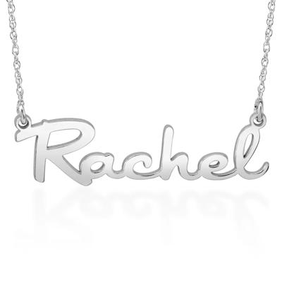 custom nameplate necklace with cursive lettering in 10k white gold