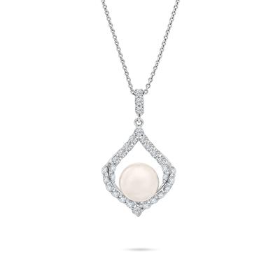 Freshwater Cultured Pearl & Lab-Created White Sapphire Open Drop Pendant in Sterling Silver