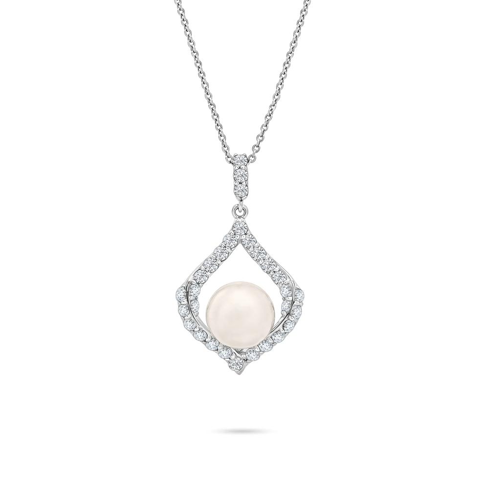 Freshwater Cultured Pearl &amp; Lab-Created White Sapphire Open Drop Pendant in Sterling Silver – Image 1 of 4